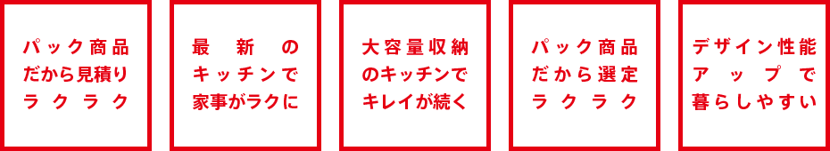 パック商品だから見積りラクラク・・最新のキッチンで家事がラクに・家族の暮らしに合わせた最適間取り・パック商品だから選定ラクラク・・デザイン性能アップで暮らしやすい