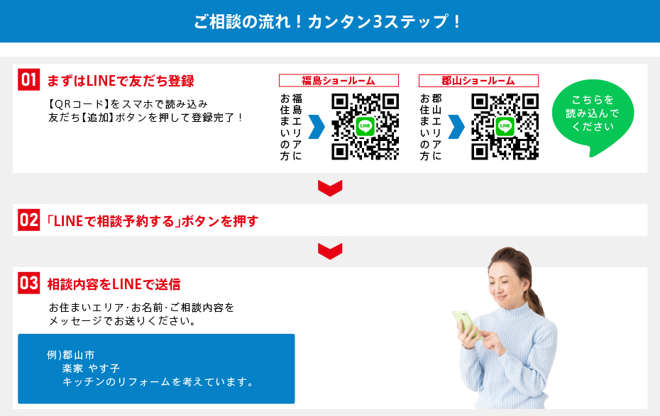 01.まずはLINEで友だち登録 【QRコード】をスマホで読み込み、【友だち追加】ボタンを押して登録完了！／02.「LINEで相談予約する」ボタンを押す／03.相談内容をLINEで送信（お住まいのエリア・お名前・ご相談内容をメッセージでお送りください。）